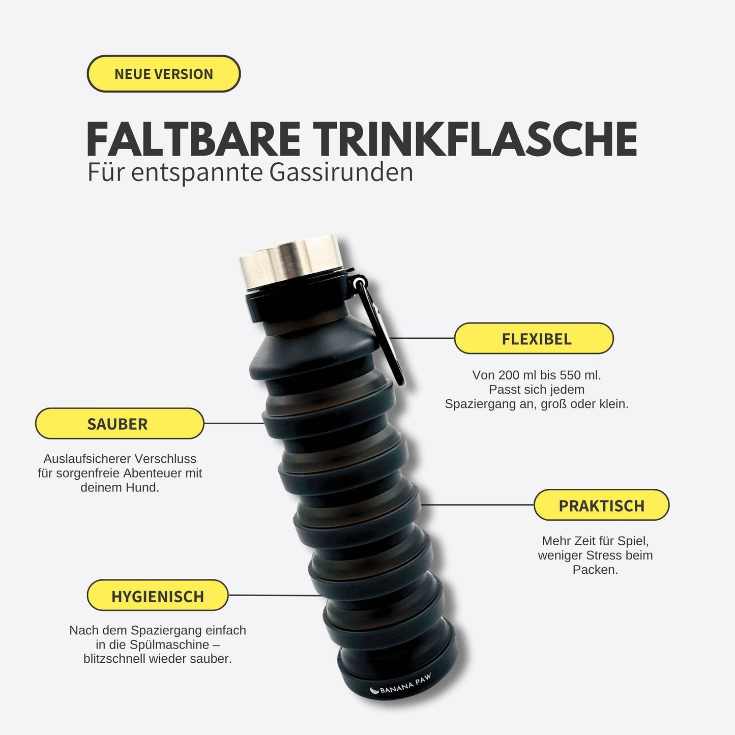 Wasserflasche aus Silikon faltbar schwarz Banana Paw Knoten für vier Pfoten