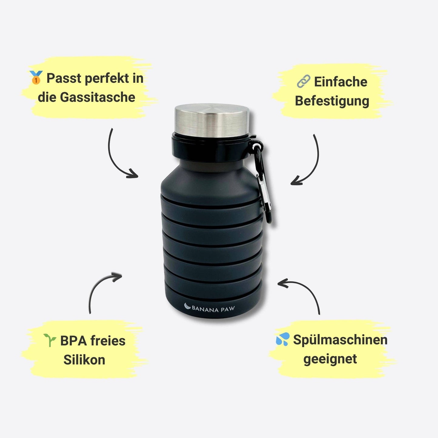 Wasserflasche aus Silikon faltbar schwarz Banana Paw Knoten für vier Pfoten