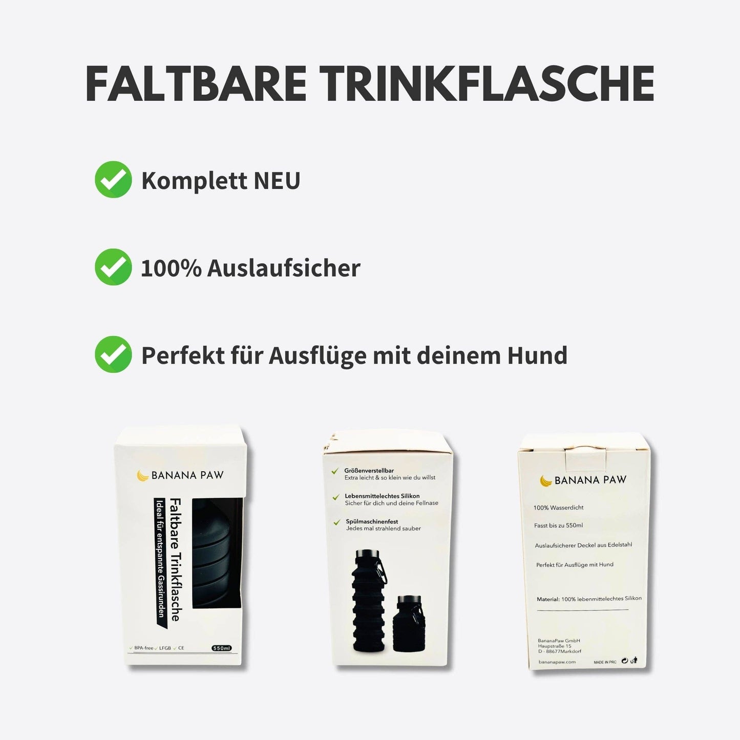 Wasserflasche aus Silikon faltbar schwarz Banana Paw Knoten für vier Pfoten