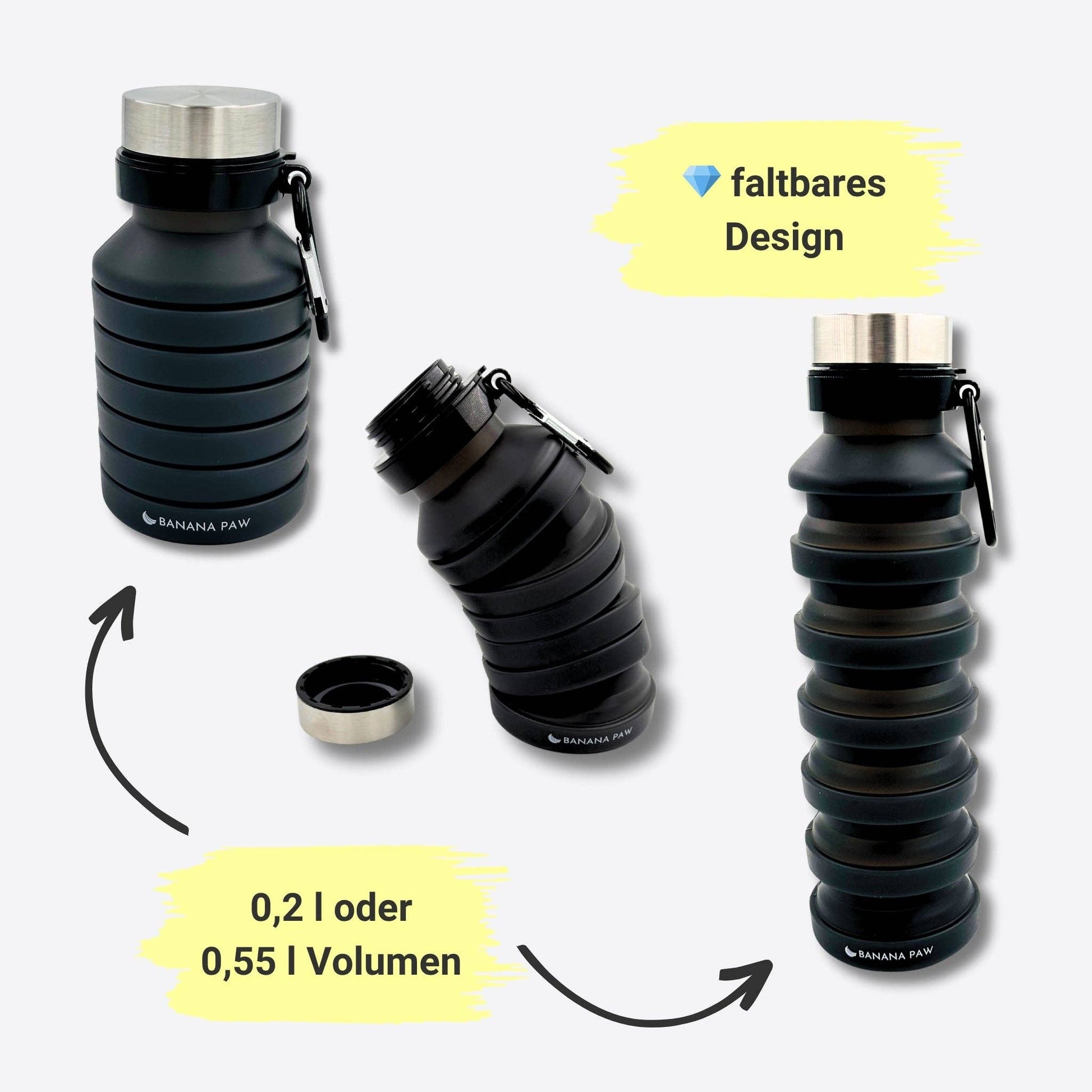 Wasserflasche aus Silikon faltbar schwarz Banana Paw Knoten für vier Pfoten