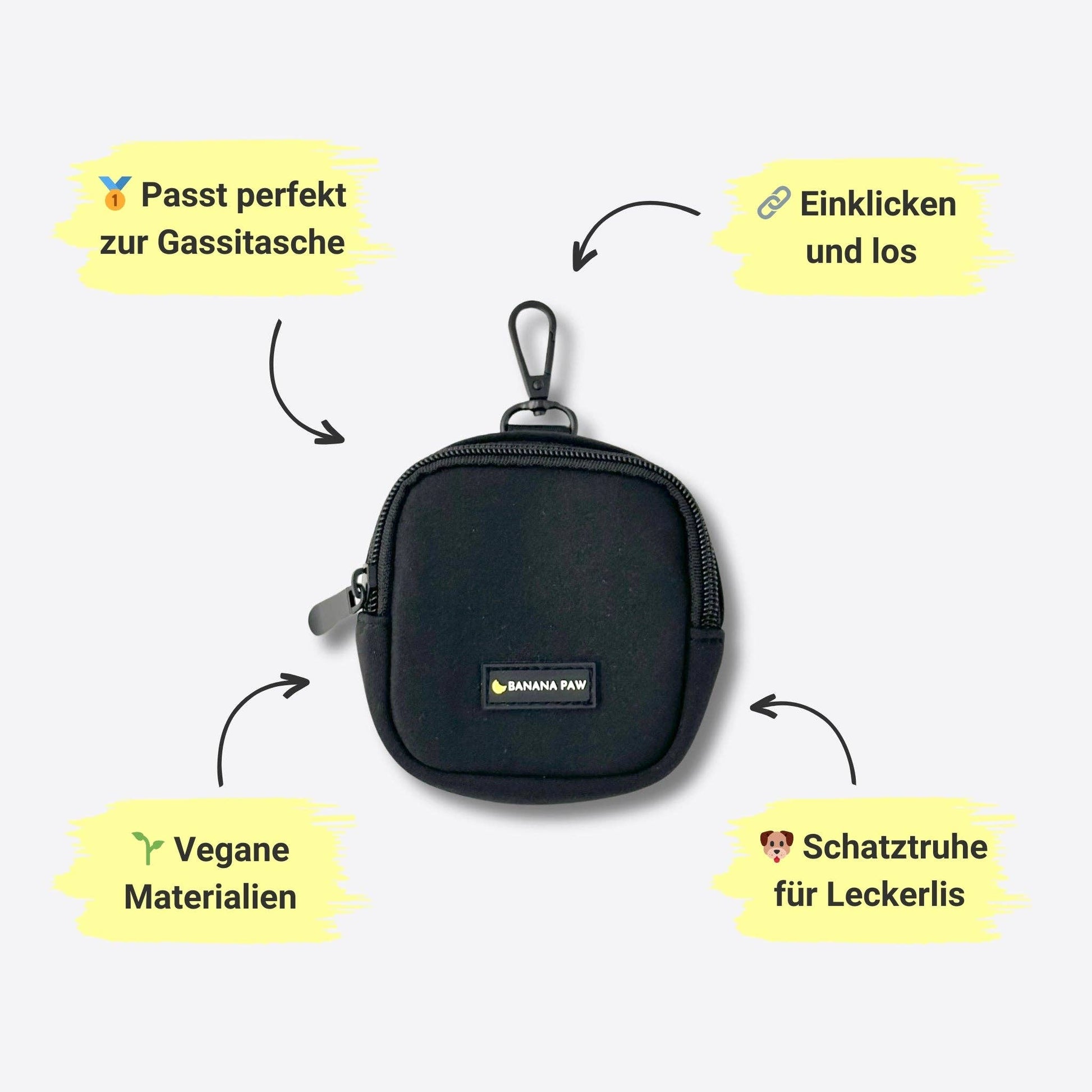 Gassi Tasche schwarz, BananaPaw, Stoff Neopren, Knoten für vier Pfoten, Leckerlibeutel