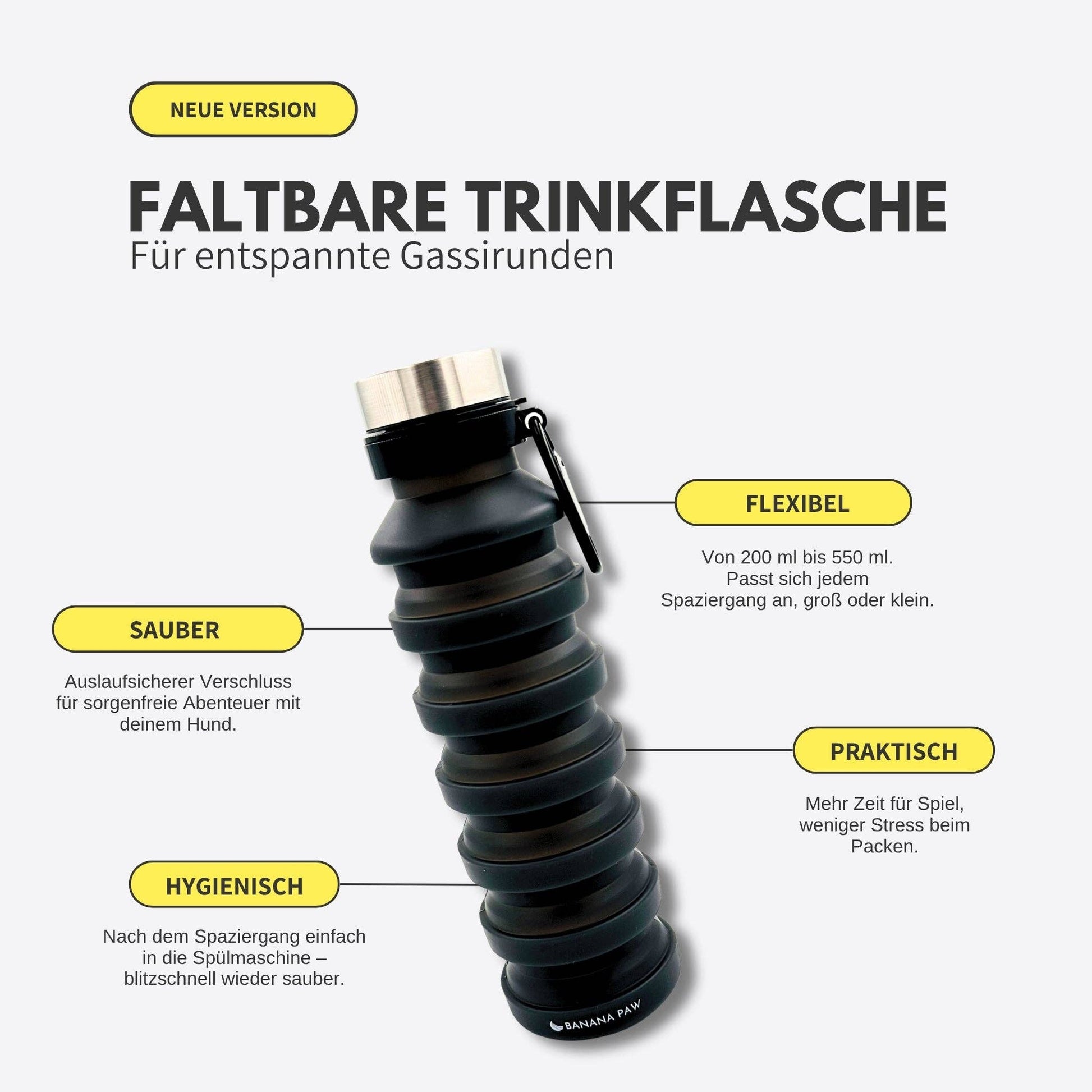 Wasserflasche aus Silikon faltbar schwarz Banana Paw Knoten für vier Pfoten