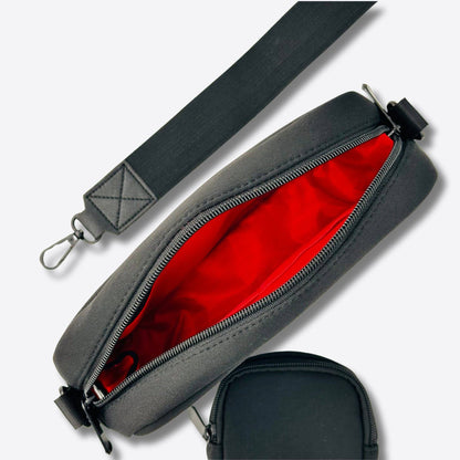 Gassi Tasche schwarz, BananaPaw, Stoff Neopren, Knoten für vier Pfoten, innen Stoff rot