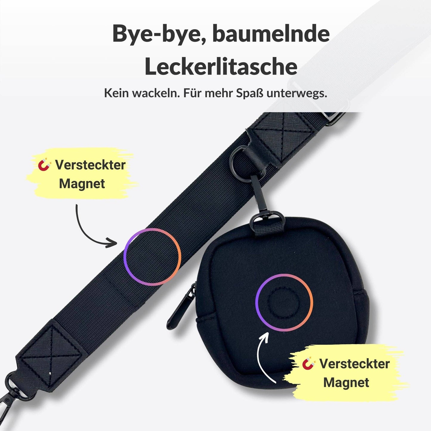 Gassi Tasche schwarz, BananaPaw, Stoff Neopren, Knoten für vier Pfoten, Leckerlibeutel, Umhängegurt 